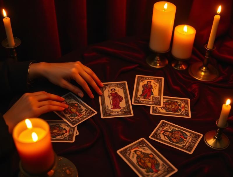 Trusted tarot reading by spiritual advisor in Phoenix Arizona — tarot card spread on velvet by candlelight
